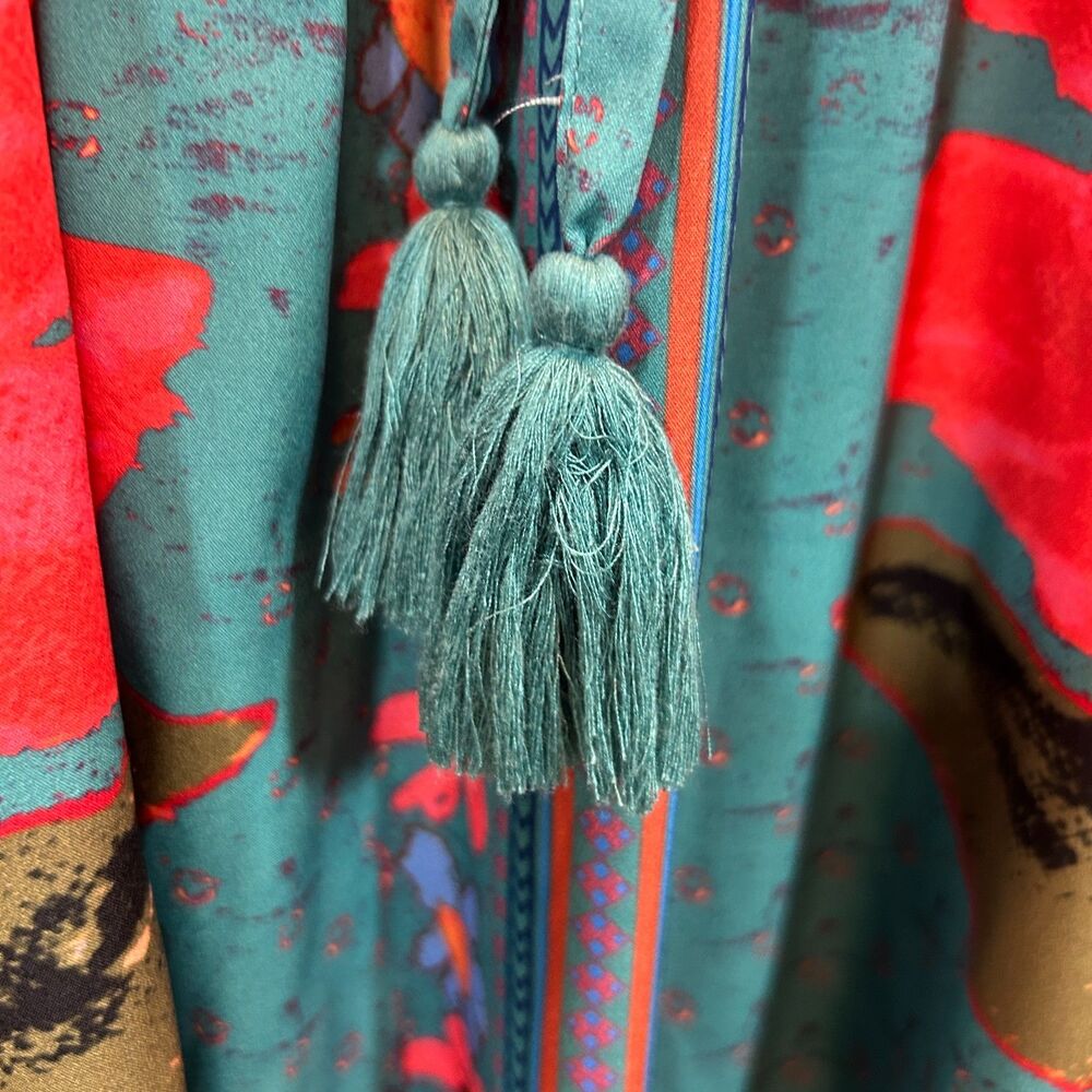 WORLD MARKET Boho Floral Tie Empire Maxi Dress L/XL Satin Tropical Kaftan - Picture 7 of 12